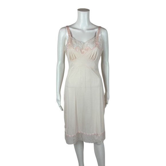 Vintage 70s Slip Dress Women's Small Pale Pink Inset Lace Scalloped Knee Length - Picture 2 of 10